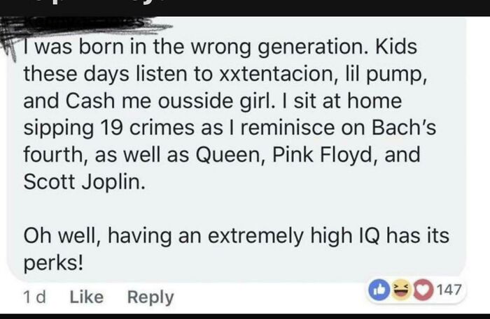A cringey post of someone claiming an extremely high IQ because of their taste in classic music