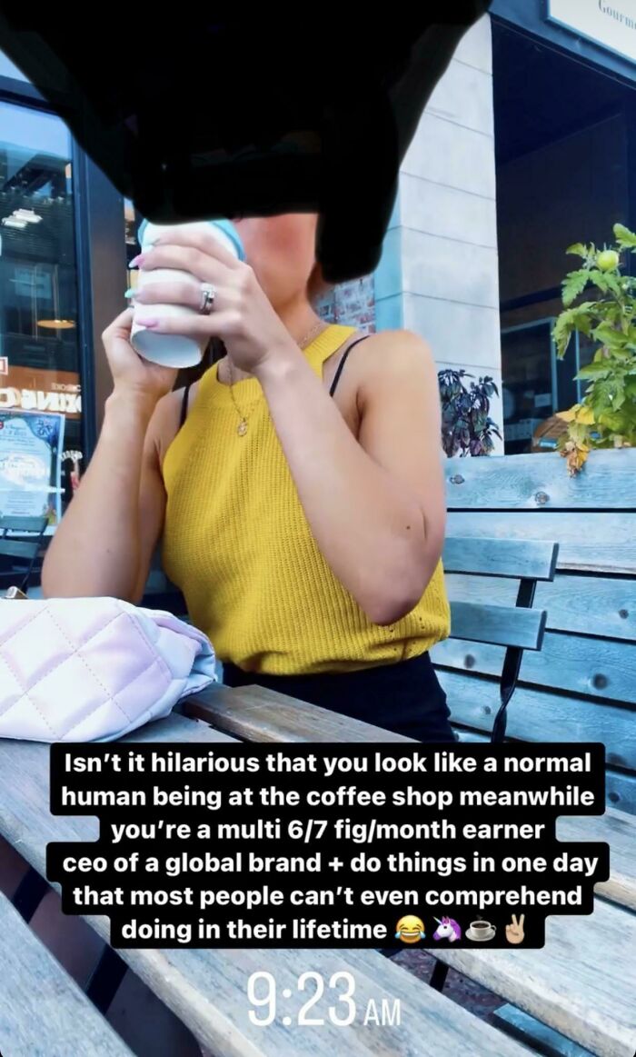 A cringey brag about being a high-earning CEO at a coffee shop