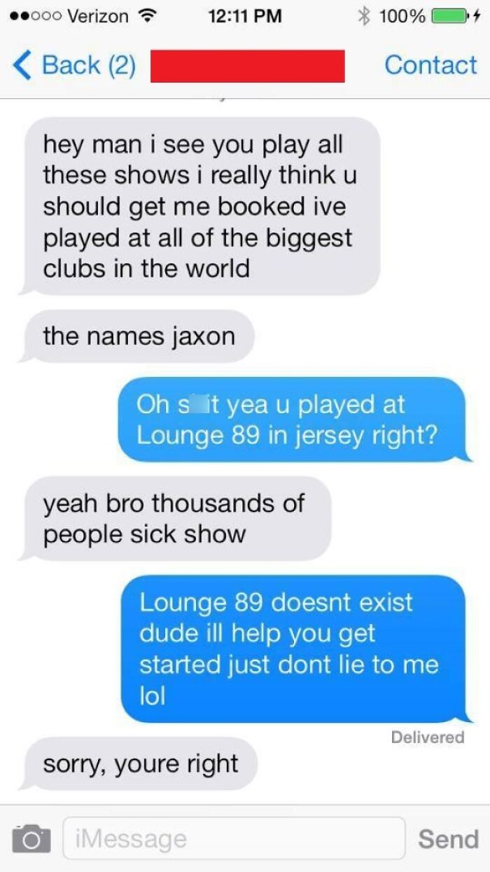 A cringe text message conversation where someone is caught lying about a venue.