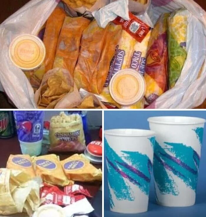 Retro Taco Bell packaging and solo cups, nostalgic images bringing 90s kids back to childhood