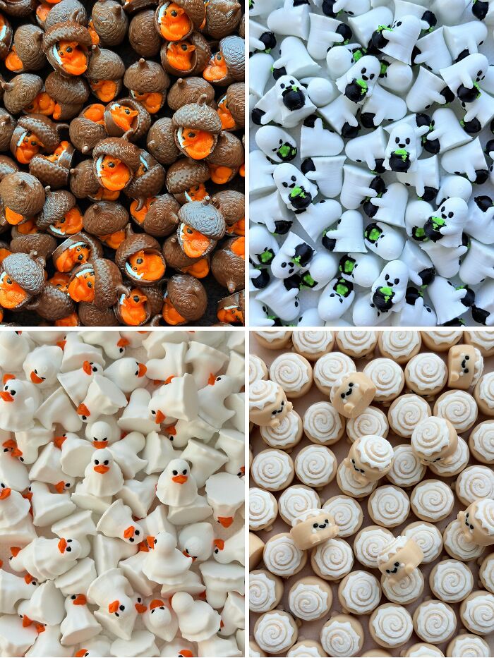 A grid showing various colorful 3D prints including small ghosts, acorns, ducks, and rolls.