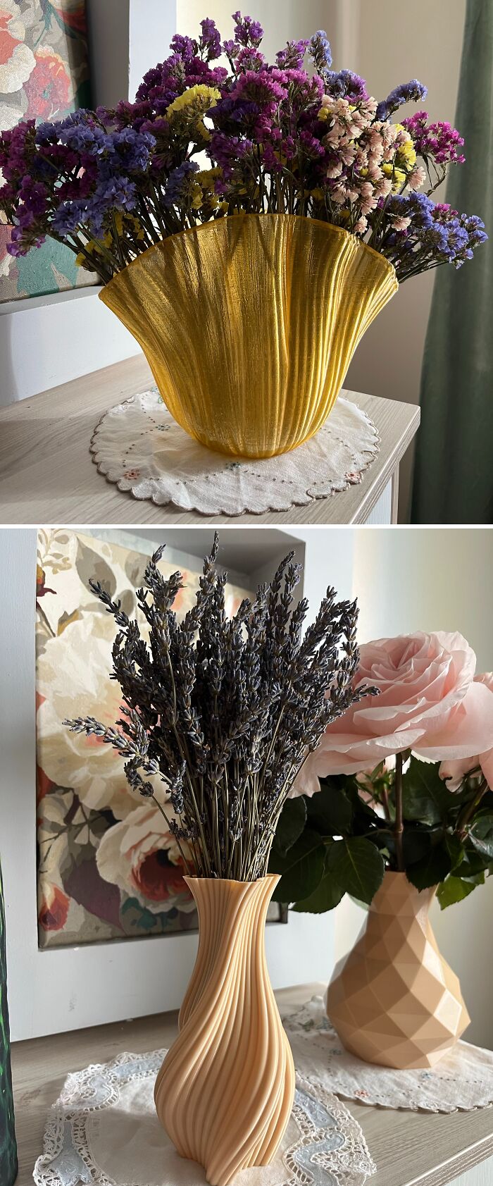 Beautiful yellow and peach vases created with custom 3D prints holding flowers