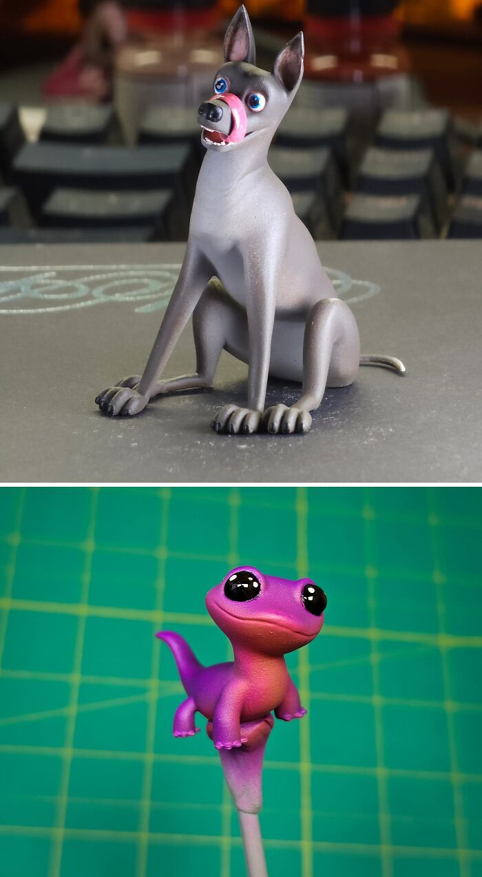 Two colorful 3D prints of a cartoon greyhound dog and a purple lizard figurine