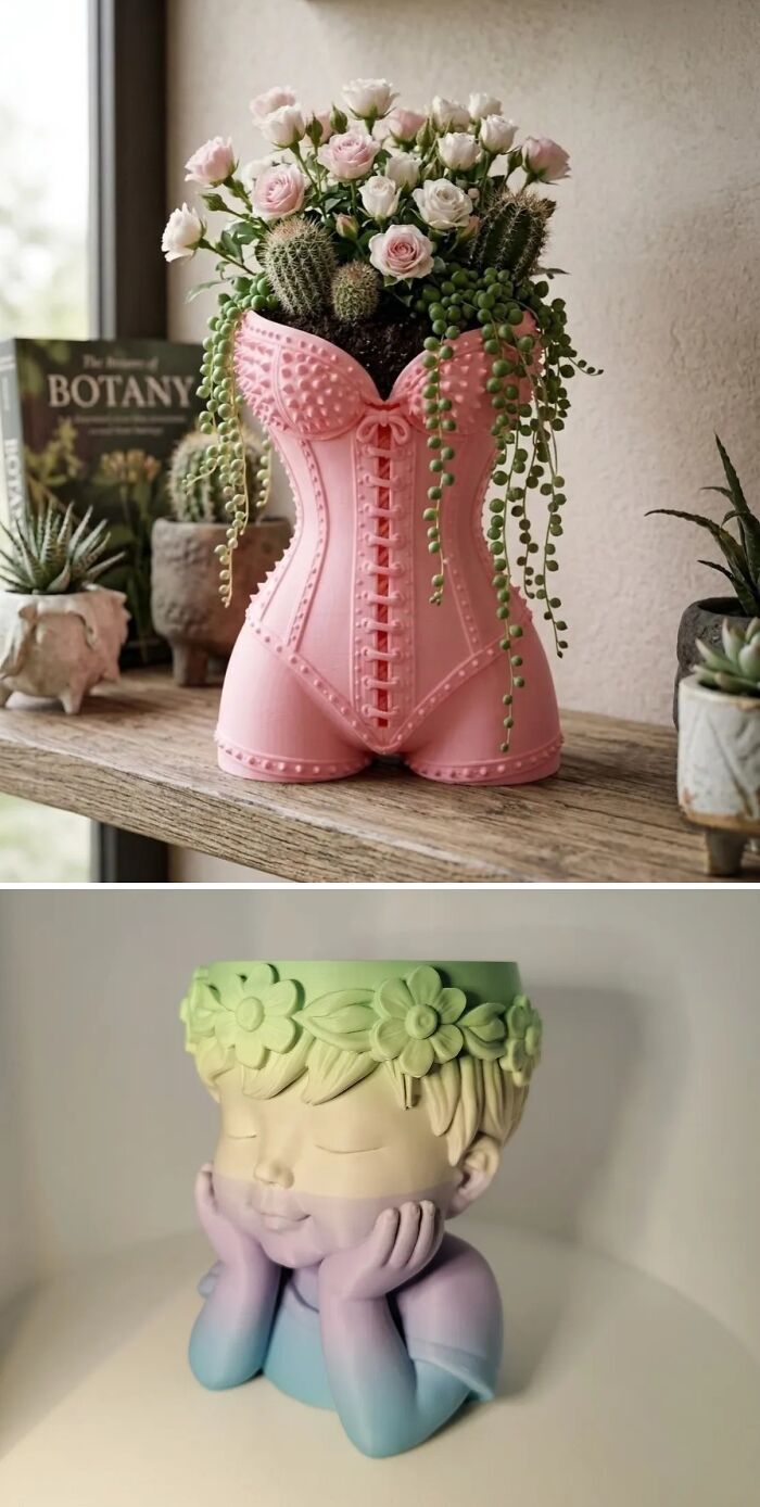 Two creative 3D prints of unique decorative plant pots shaped like a corset and a child head