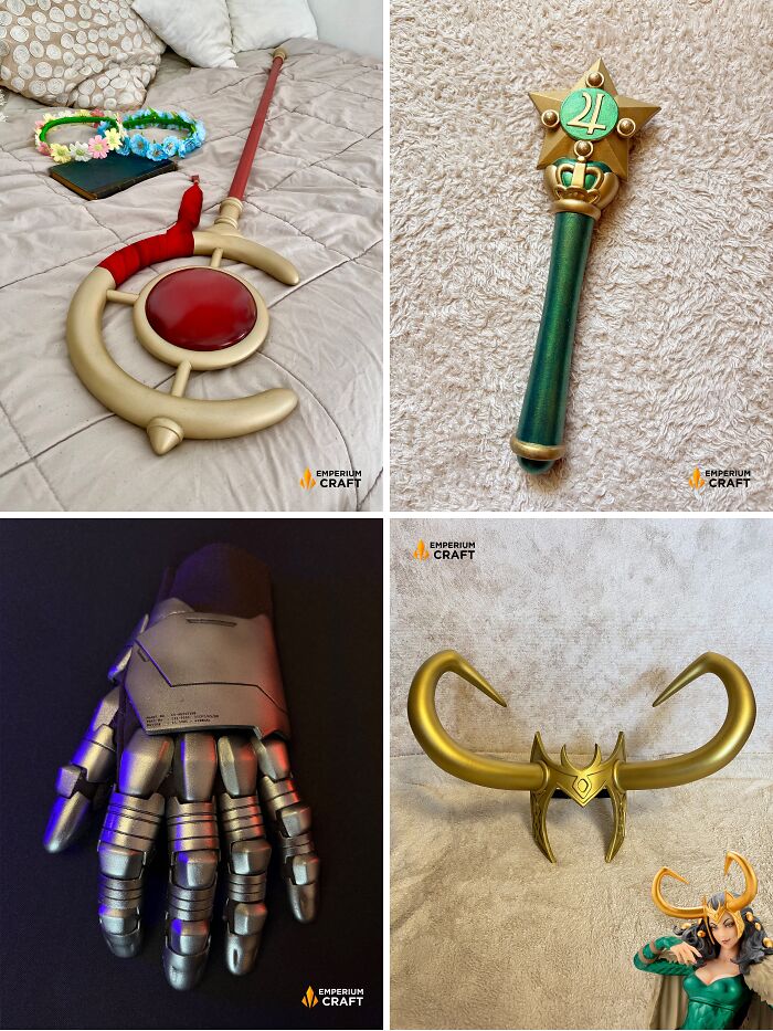 A collage of four different detailed 3D prints of fantasy pop culture weapons and props