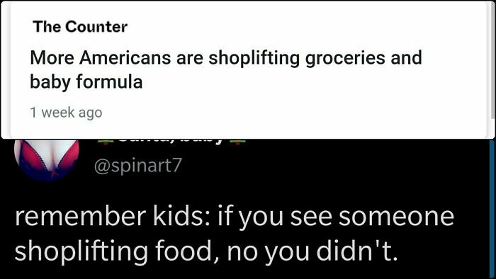 An article headline about shoplifting groceries, representing a challenge in modern life in America.