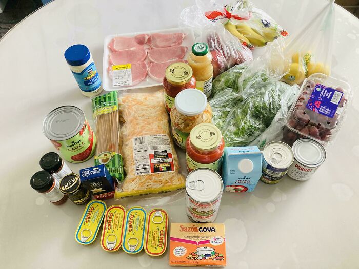 A spread of groceries on a table, representing daily expenses and modern life in America.