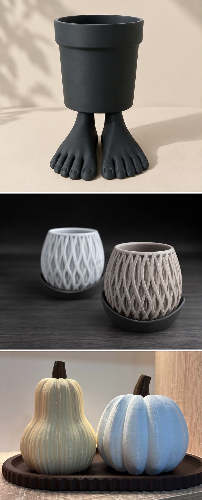 Various unique planter designs created with 3D prints