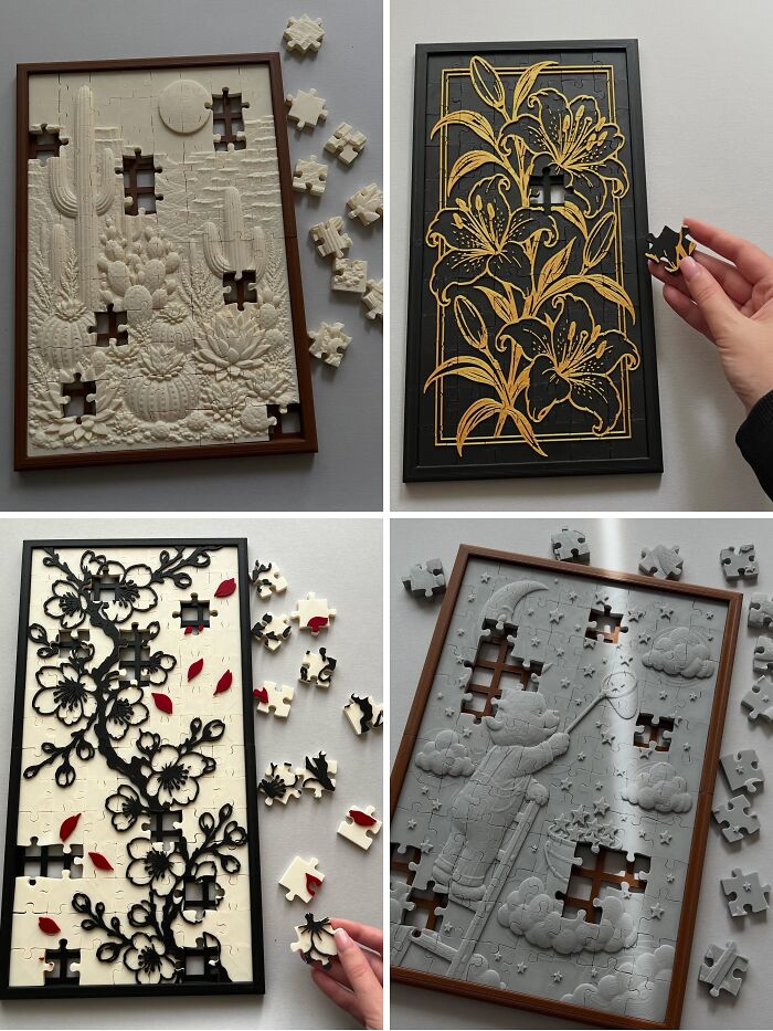 Four artistic 3D prints of complex jigsaw puzzles with beautiful designs.
