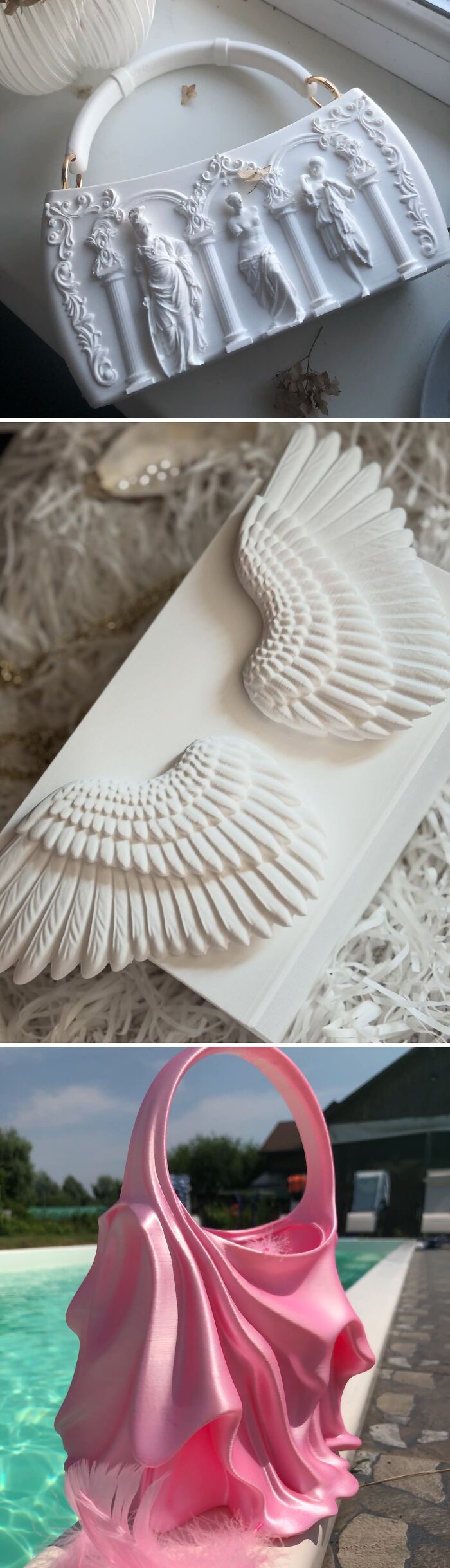 Three elegant 3D prints of white and pink designer purses.