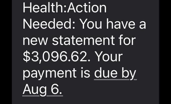 A text message showing an expensive healthcare bill of over three thousand dollars, reflecting modern life in America.