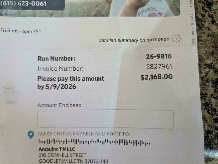 An expensive ambulance bill illustrating modern life in America and healthcare costs