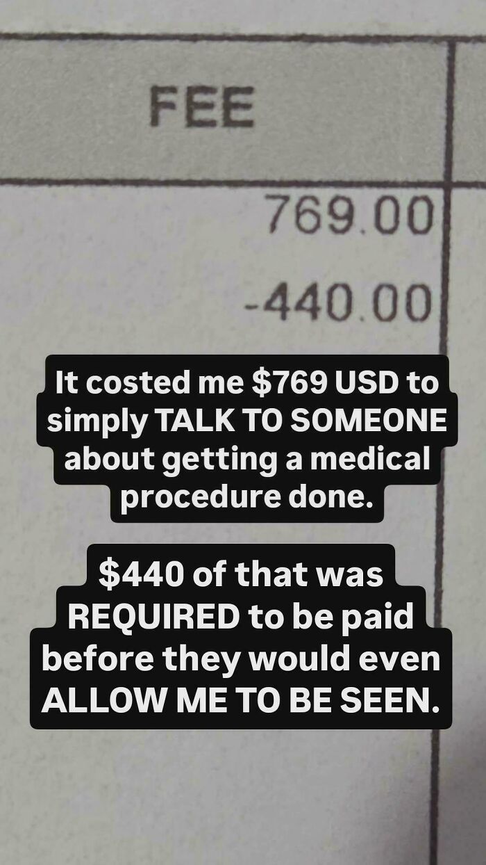 An image detailing expensive fees to discuss a medical procedure highlighting modern life in America