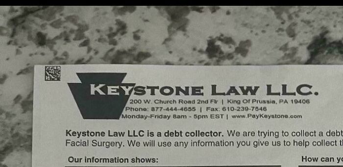 A Keystone Law LLC debt collection notice, depicting aspects of modern life in America.