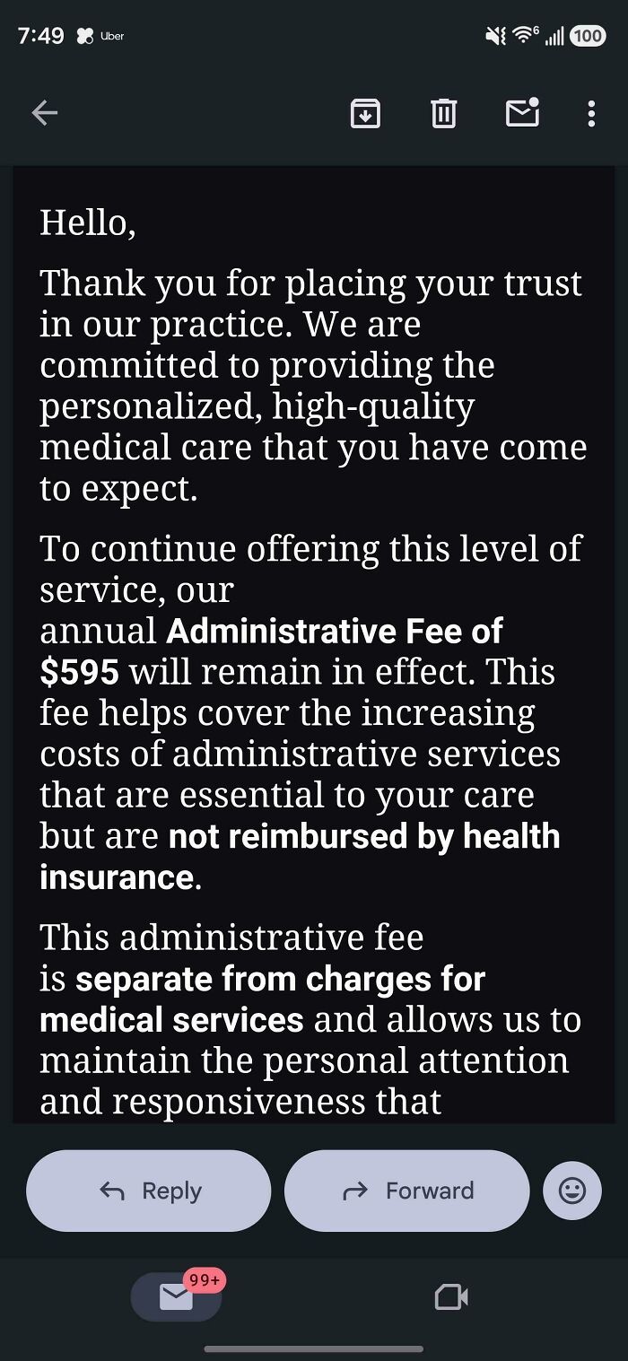An email notice showing a 595 dollar annual medical administrative fee in modern life in America.