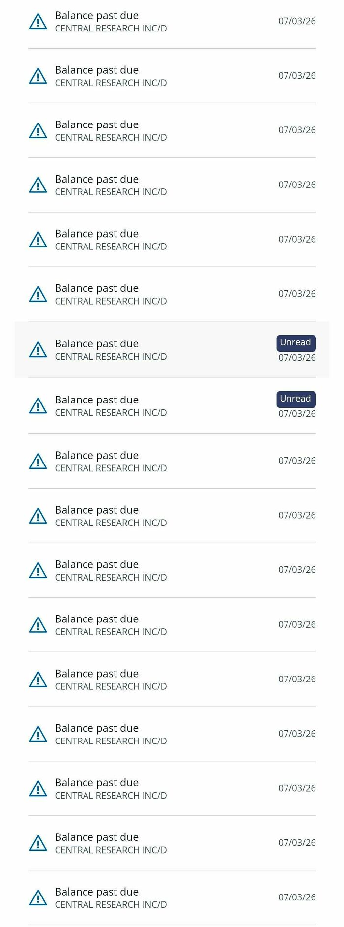 A smartphone screen showing numerous balance past due notifications, a stressful reality of modern life in America.