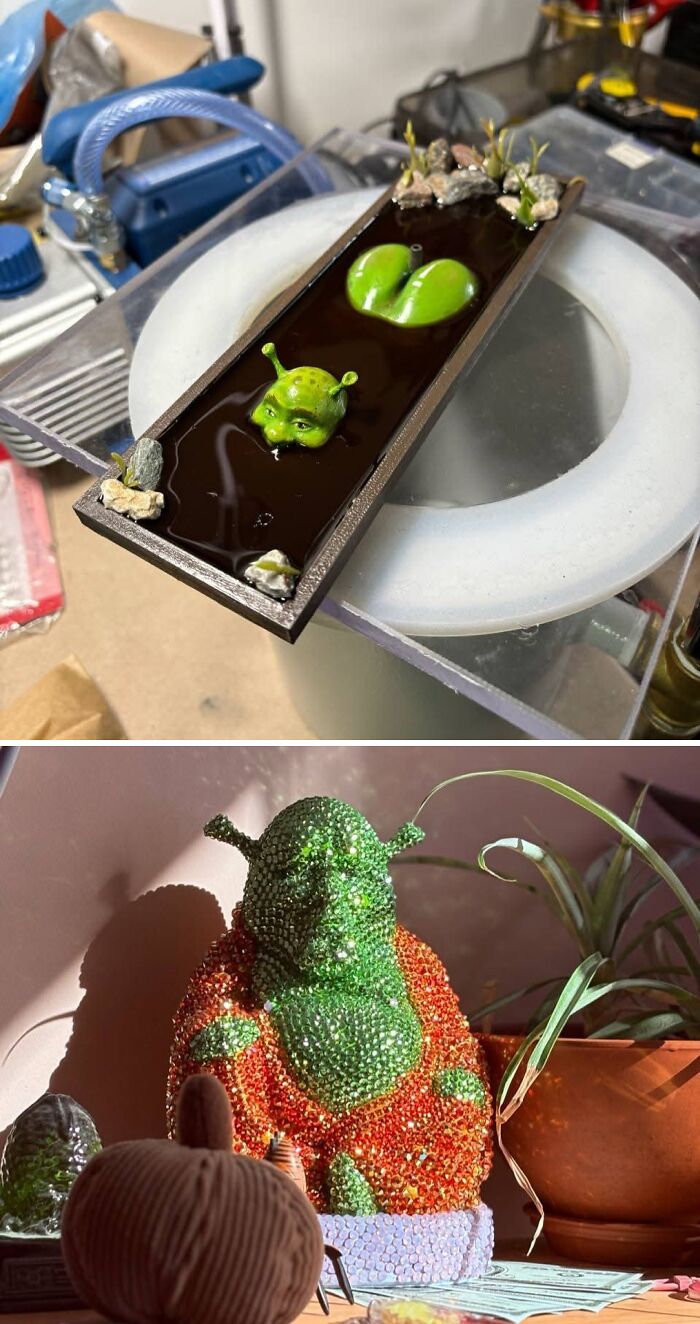 Quirky Shrek-themed decorative items made from 3D prints.