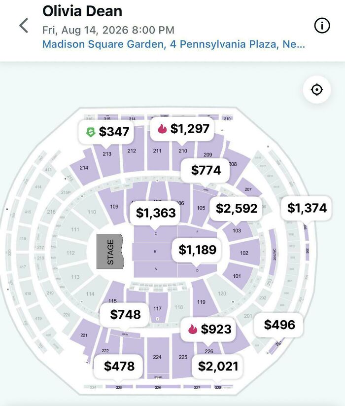 A seating chart of Madison Square Garden showing extremely expensive ticket prices, representing modern life in America.