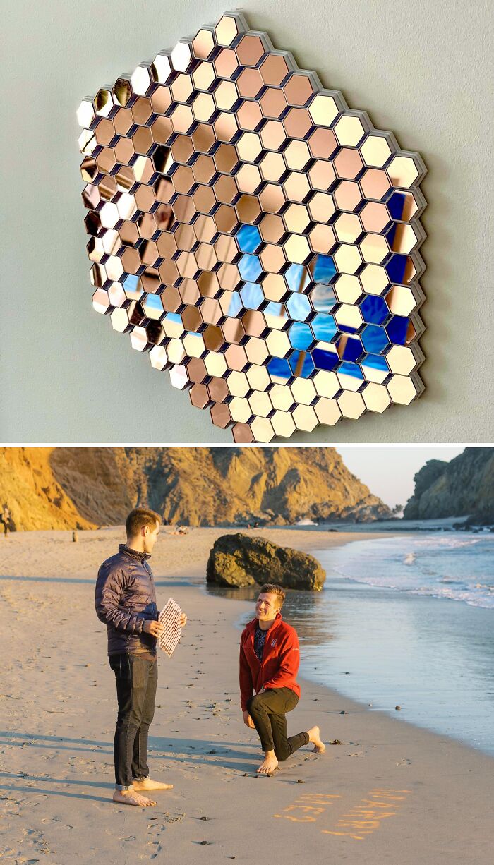 A 3D print honeycomb mirror art piece on a wall, and a beach proposal scene.