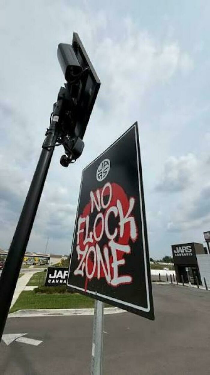 A No Flock Zone sign post with surveillance cameras, reflecting surveillance in modern life in America