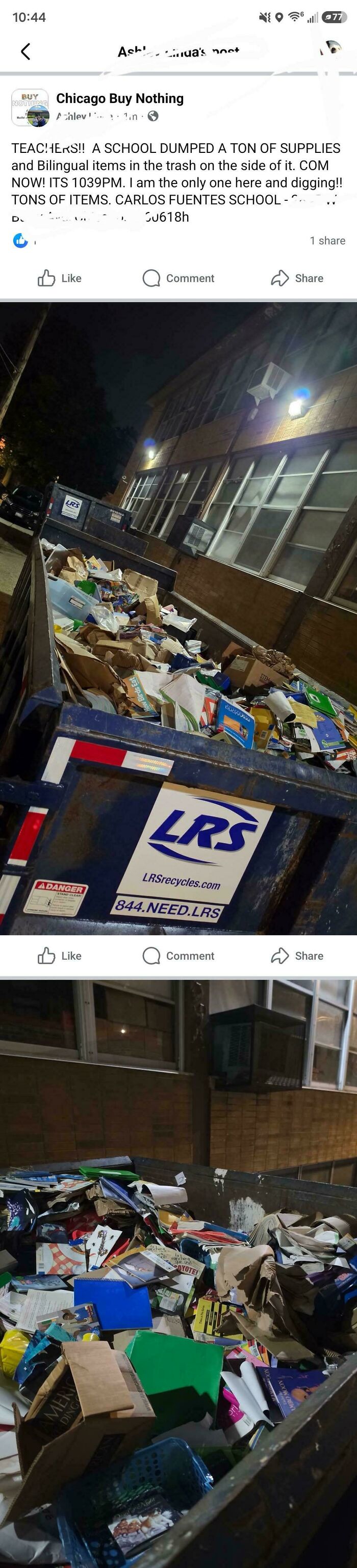 Dumpsters filled with discarded school books and supplies, reflecting waste in modern life in America.