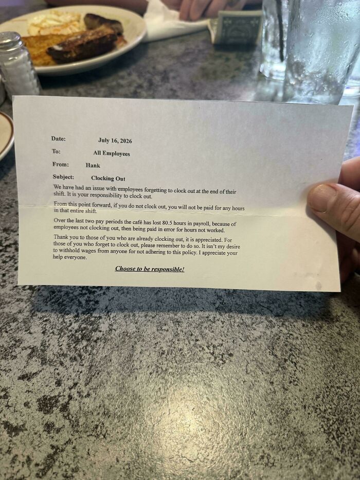 A restaurant manager note about clocking out policies reflects the stress of modern life in America.