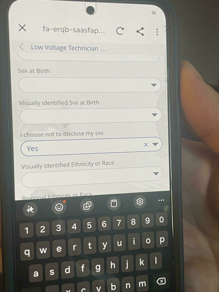 A digital job application form with identity questions shows elements of modern life in America.