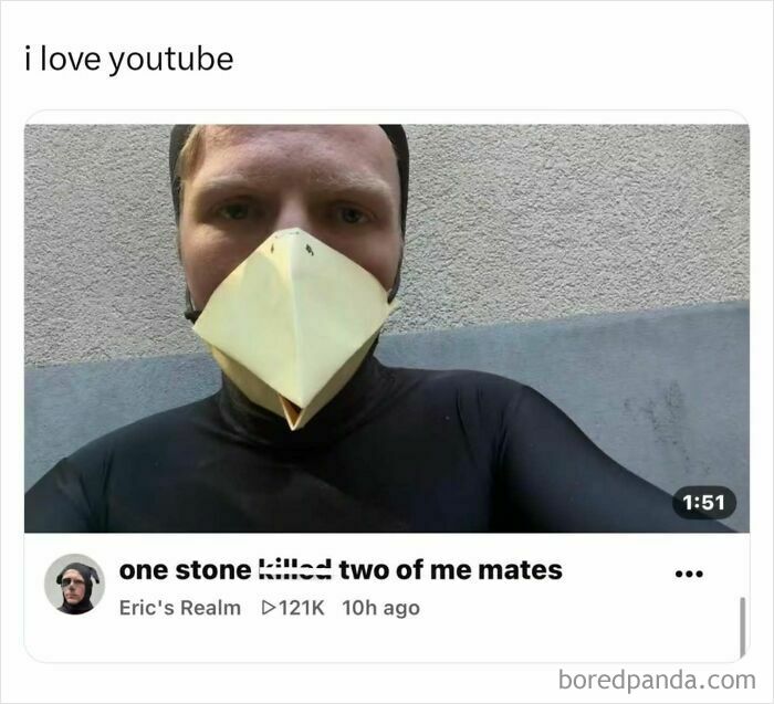 Funny YouTube video screenshot with a bird mask and a humorous caption