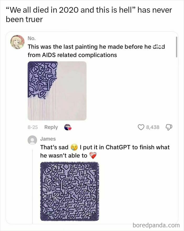 Meme displaying an incomplete Keith Haring painting finished by AI as an interesting post