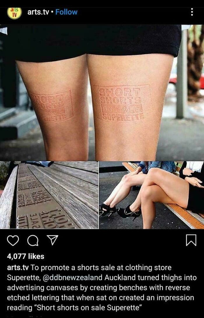 An innovative thigh advertisement bench highlights trends in modern life in America.