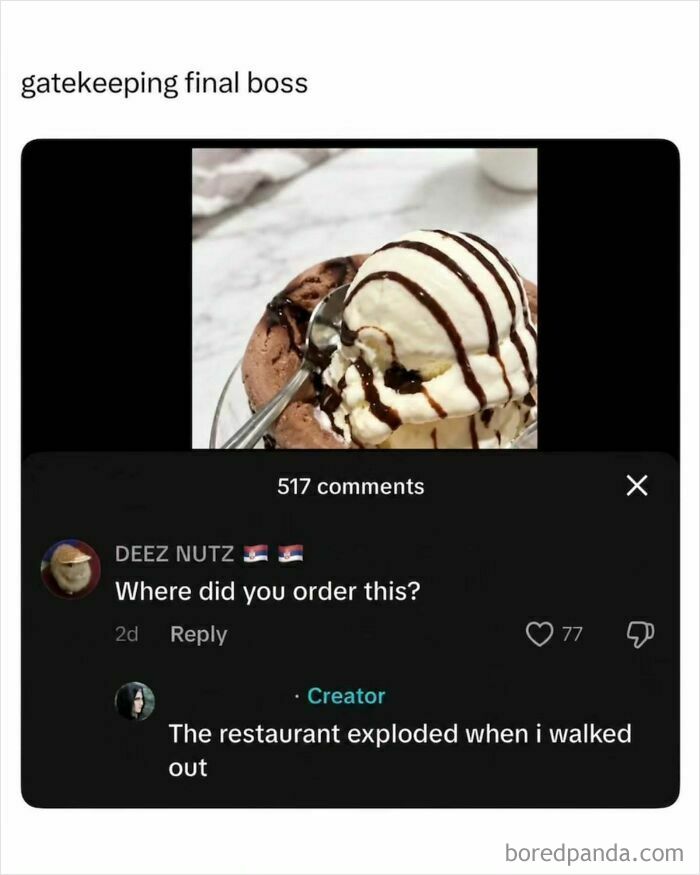 Funny meme about a gatekeeping creator refusing to share where they ordered ice cream