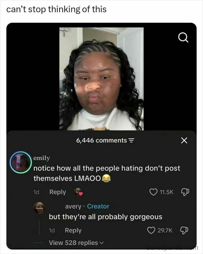 An interesting posts meme showing a TikTok comment section with a young woman’s profile video.