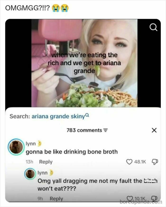 An interesting posts meme of a woman eating a salad with comment screenshots underneath.