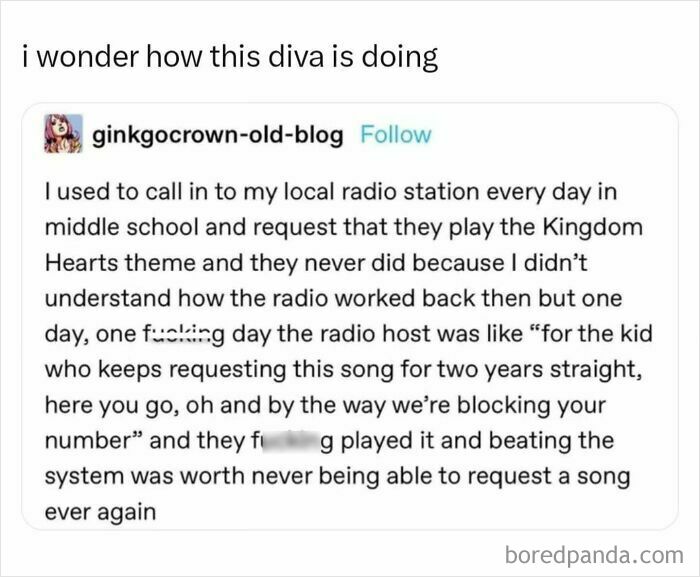 Tumblr text post about a radio request prank, perfect to get you through the day
