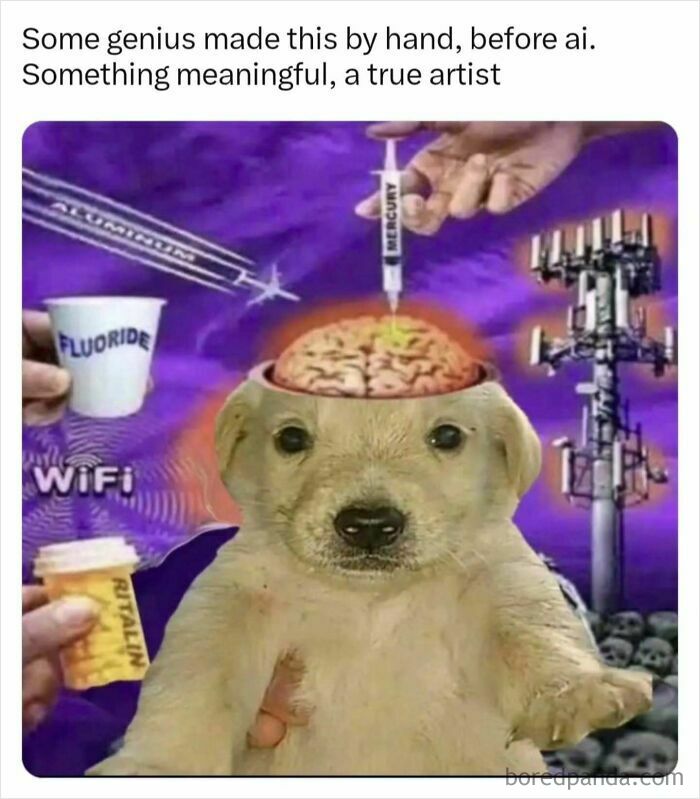 Funny meme criticizing AI art with a dog and conspiracy elements as an interesting post