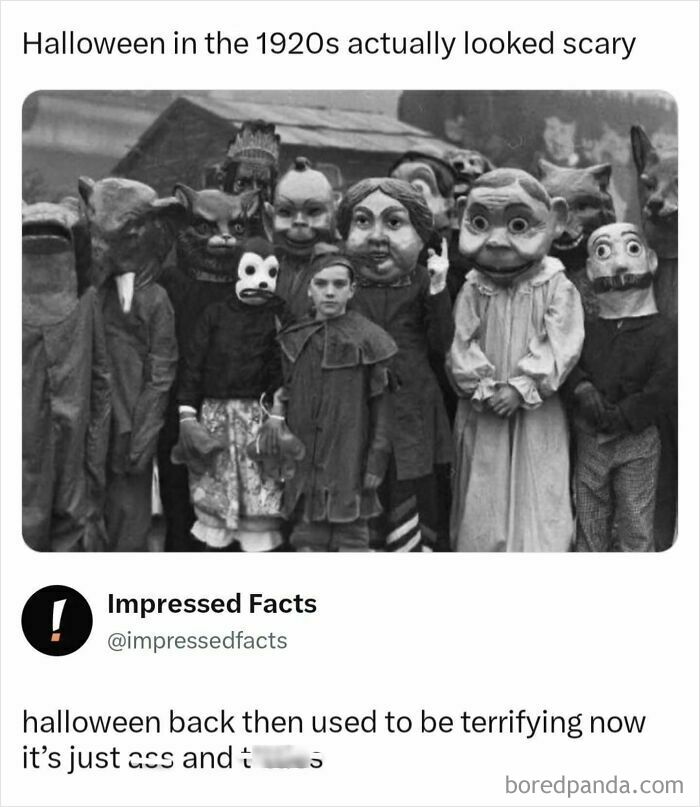 Scary 1920s Halloween photo with children in terrifying paper mache masks