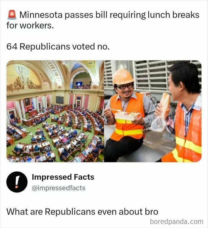 Social media post about lunch break laws with images of a legislative chamber and construction workers