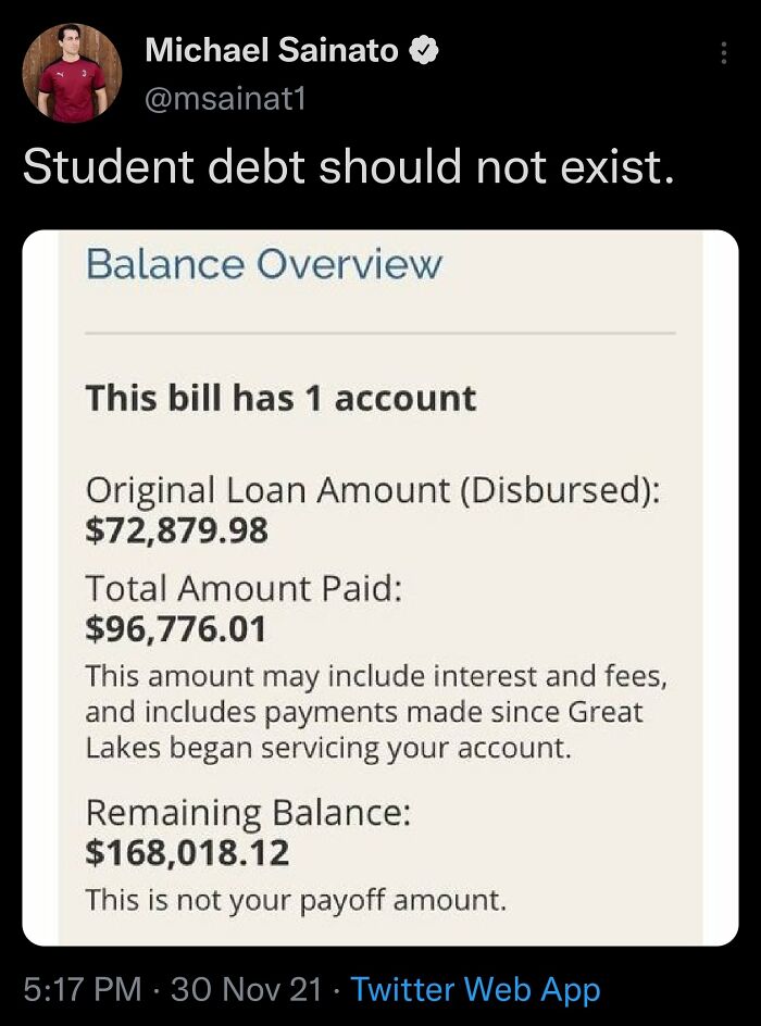 A high student loan balance statement, illustrating financial struggles of modern life in America.