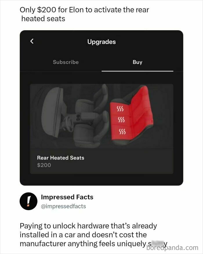 A meme discussing paying to unlock rear heated seats hardware already installed in a car