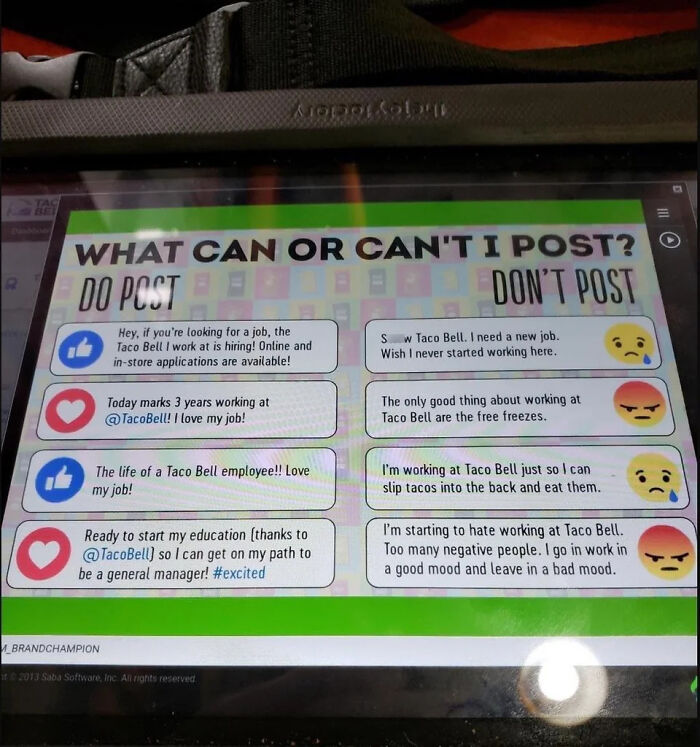 Corporate social media rules on what to post, showcasing an absurd aspect of modern life in America.