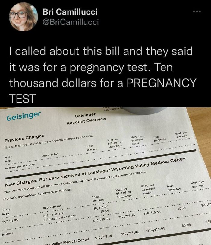 A Tweet and hospital bill of ten thousand dollars, showcasing healthcare costs of modern life in America.