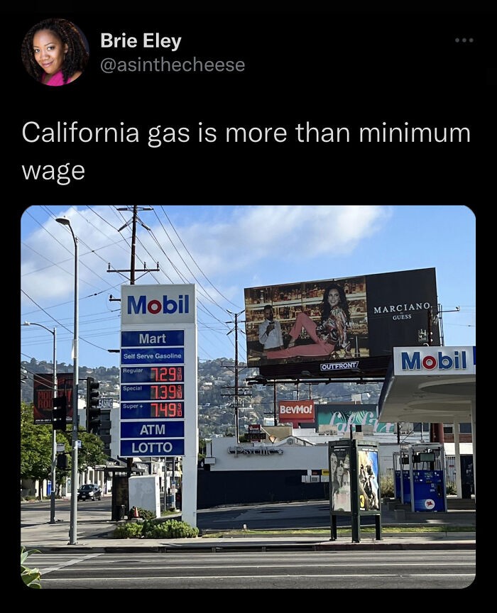 High California gas prices at a Mobil station showing the high cost of modern life in America