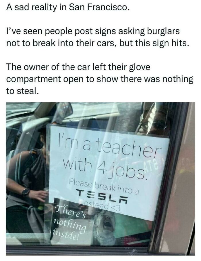 Car window sign in San Francisco highlighting difficulties of modern life in America for teachers