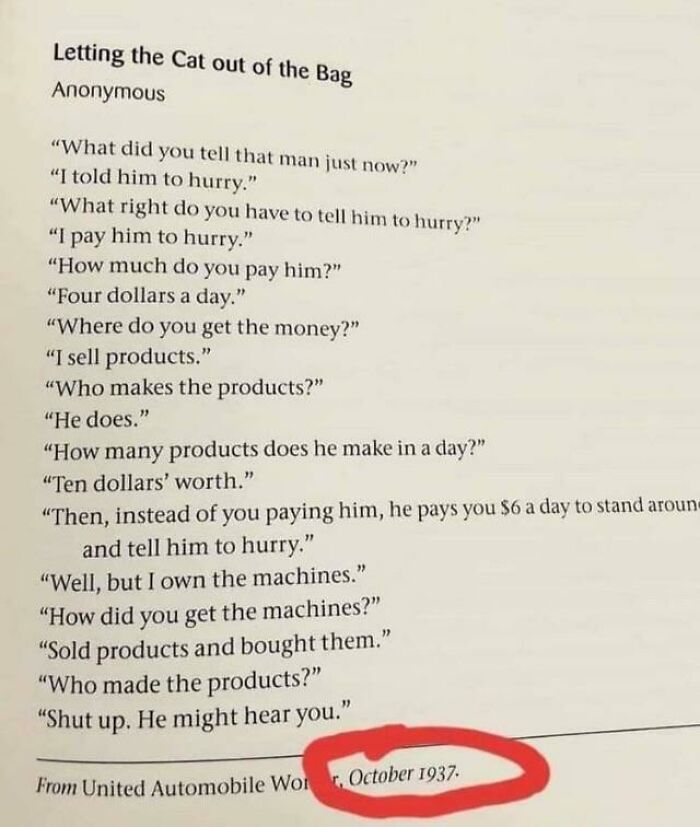 A historical text excerpt on labor and capitalism in modern life in America dating back to 1937