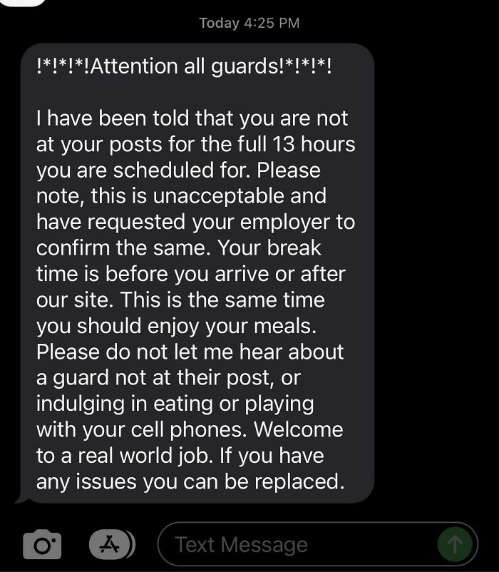 A harsh text message to security guards depicting the reality of modern life in America.