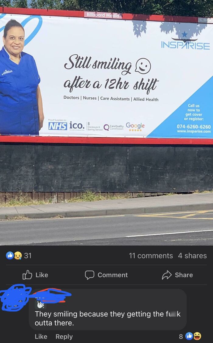 A billboard highlighting modern life in America with a comment about working long shifts