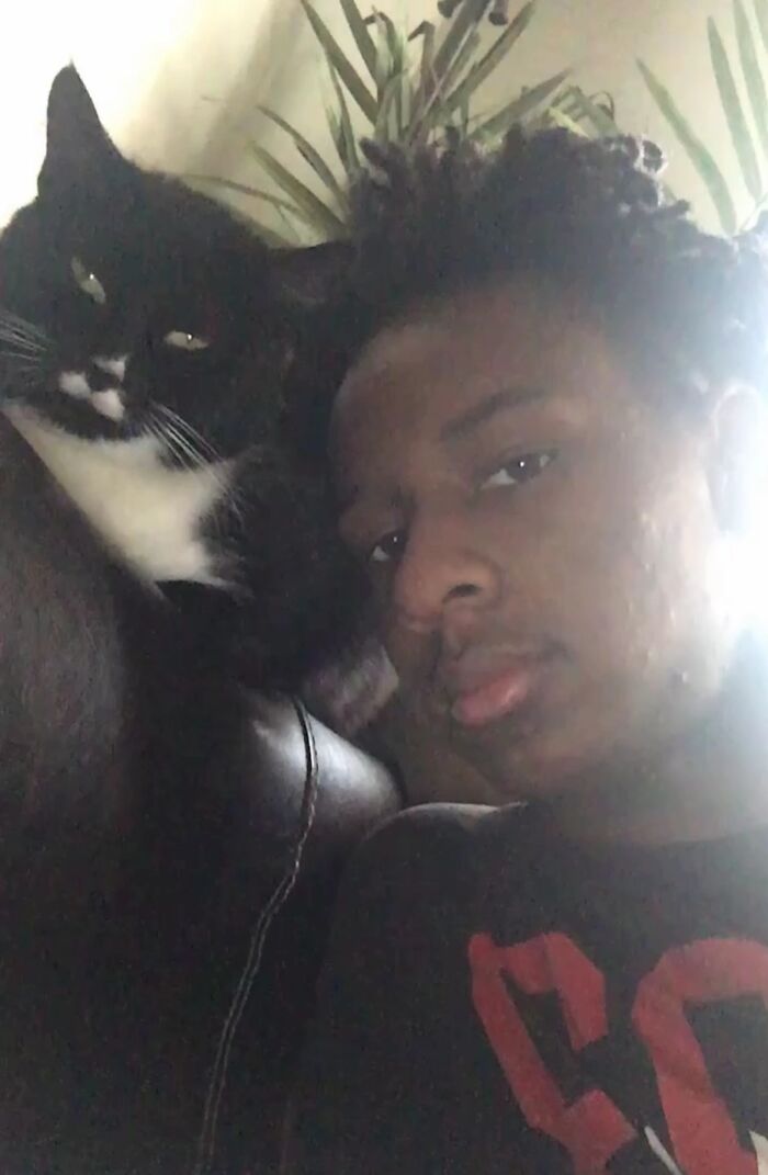 A teenage boy with his tuxedo cat, sharing their bond in a TikTok Trend showing life stories with pets.