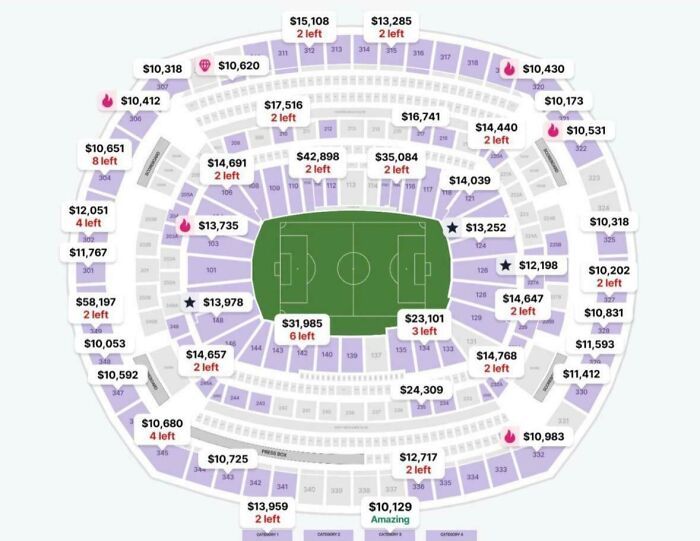 A stadium seating map with extremely high ticket prices, showing a reality of modern life in America.