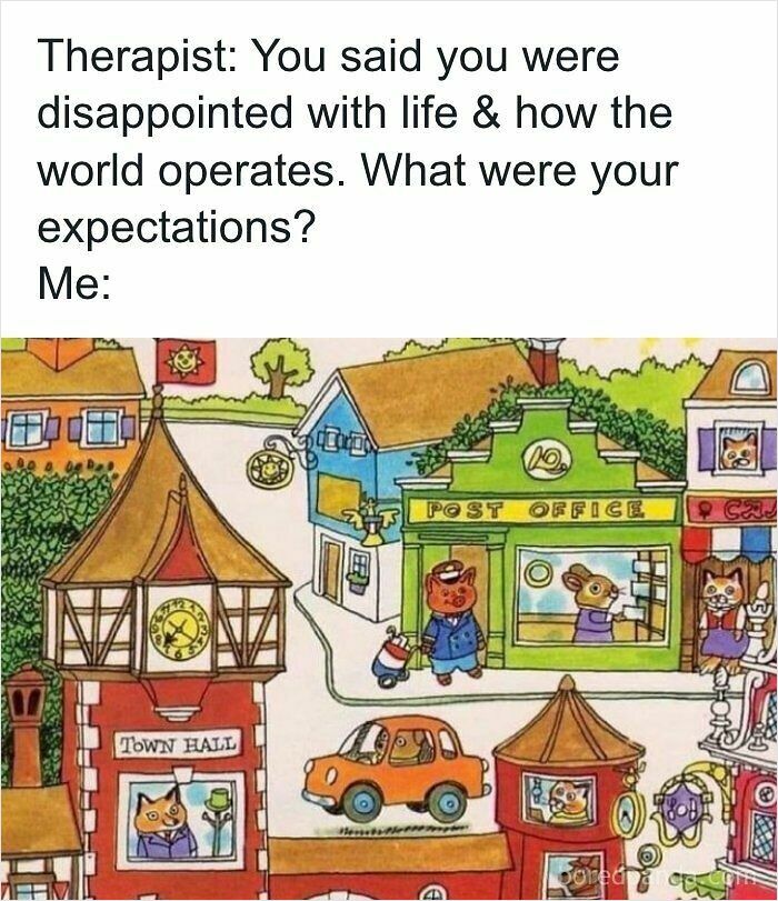 A meme featuring a nostalgic Richard Scarry book illustration, evoking childhood memories for 90s kids.