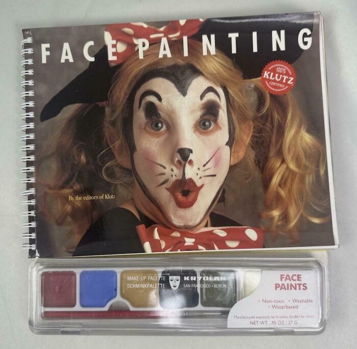 A vintage Klutz face painting book and makeup palette showcasing nostalgic images of the 90s.